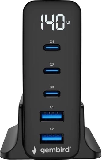 Universel GaN-oplader 140 W med LCD, 3× USB-C og 2× USB-A, sort