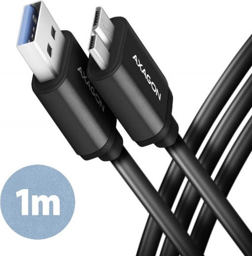Kabel AXAGON Micro-B USB til USB-A 3.2 Gen 1, 1m, 3A, ALU, PVC, sort