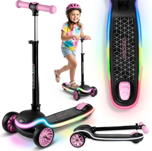 Børne-trehjulet balance-løbehjul med LED-belysning RICOKIDS Leddi – sort‑lyserød