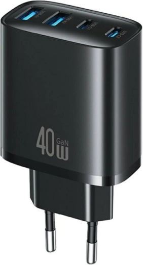 USAMS T70 netoplader 40 W, 2× USB-A + 2× USB-C, sort