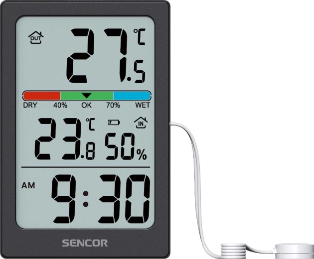 Sencor digitalt termometer med hygrometer og ur
