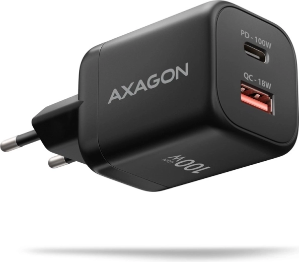 AXAGON GaN 100 W netoplader med to porte, USB-C og USB-A