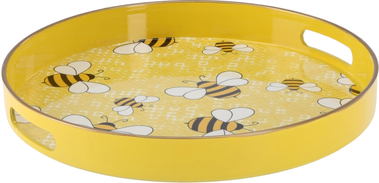 Rund serveringsbakke med håndtag 33 × 33 × 4,2 cm gul med bi-motiv