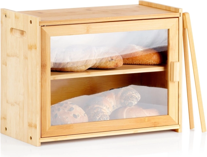 Bambus brødboks i to niveauer med tang 40 × 20 × 31 cm