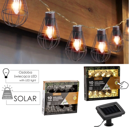 Solcelledrevet udendørs loft-guirlande 10 LED varm hvid 3,8 m