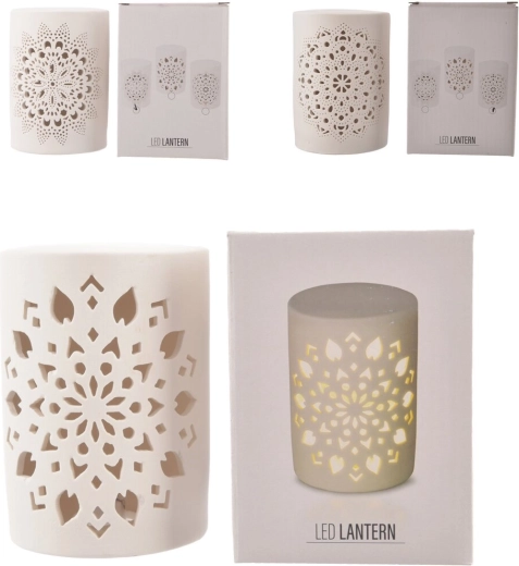 Porcelæns LED-lygte med mandala-motiv, hvid