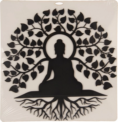 Træ-vægdekoration Buddha og livets træ, sort, 35 × 35 cm
