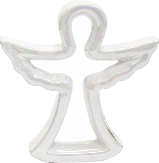 Dekorativ keramisk engel perlemorshvid 21 cm
