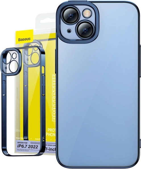 Gennemsigtigt cover med glas til iPhone 14 Plus - Baseus Glitter blå