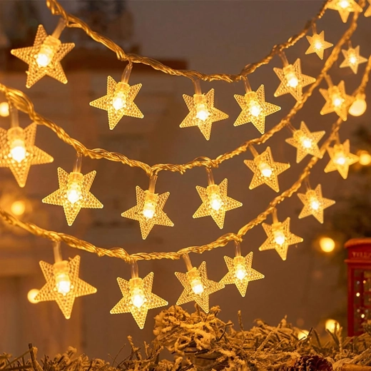 Julelyskæde med stjerner, 100 LED, varm hvid, 10 m