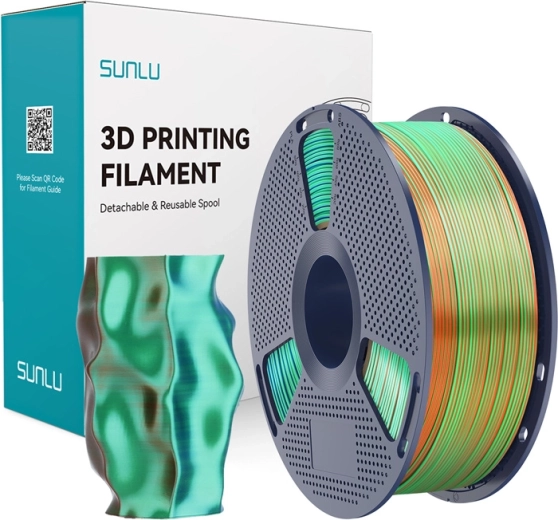 Sunlu PLA+ Silk trefarvet filament til 3D-print orange/blå/grøn