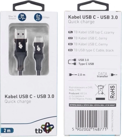 USB kabel USB 3.0 - USB-C 2m Premium 3A sort