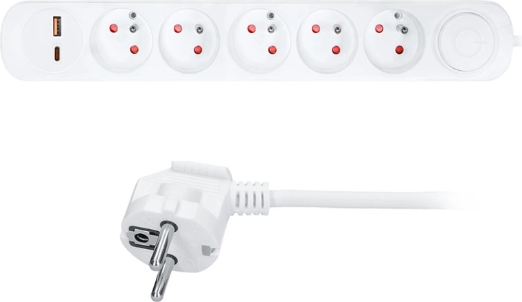 Solight forlængerledning med 5 stikkontakter og USB-A/C-opladning, 3 m, hvid