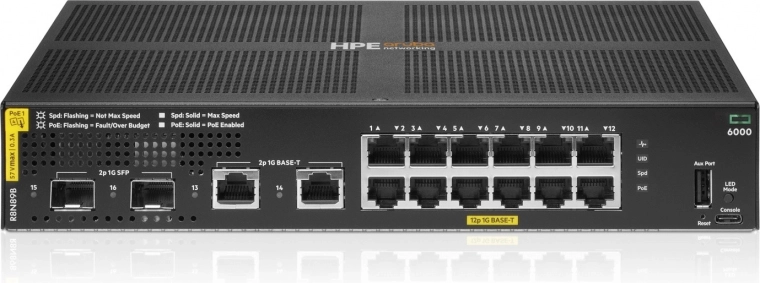 Aruba Networking CX 6000 administreret switch 12× Gigabit PoE+ (klasse 4) + 2× Gigabit + 2× SFP, 139 W (R8N89B)