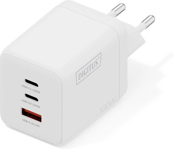Vægmonteret USB GaN-oplader 100 W, 2× USB‑C og 1× USB‑A, hvid