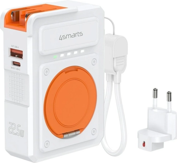 4smarts hybridoplader 6-i-1 med powerbank 10000 mAh, 22,5 W, Qi, USB‑C/USB‑A, hvid