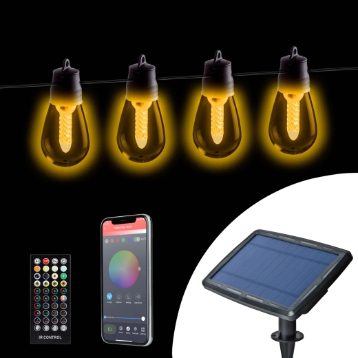 Solarlyskæde med 25 hvide LED-pærer og Bluetooth-styring