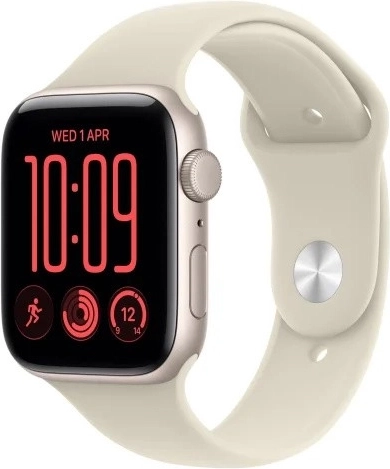 Apple Watch SE 3 GPS 44 mm aluminiumskabinet i månelys med sandfarvet sportsrem S/M