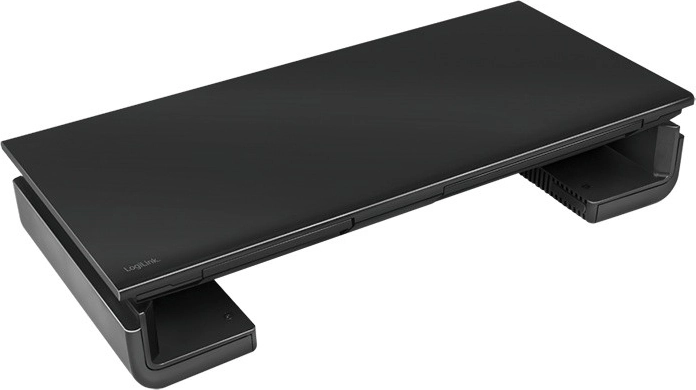 Ergonomisk skærmstander med justerbar bredde og skuffe