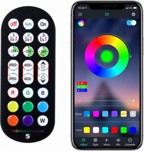 Styring via app og fjernbetjening + musiktilstand og timer