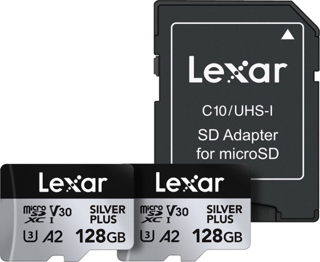 Sæt med 2 LEXAR High-Performance Silver Plus microSDXC 128 GB hukommelseskort + adapter