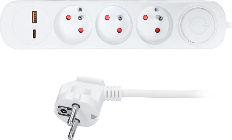 Solight-forlængerledning med 3 stik, USB-A og USB-C PD 20 W, 2 m, hvid, med afbryder