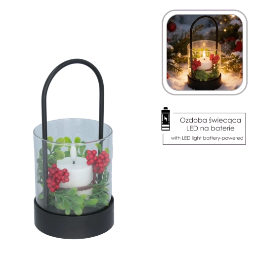 Dekorativ LED-lanterne med stearinlys og julekrans 21,5 cm - 1 stk.