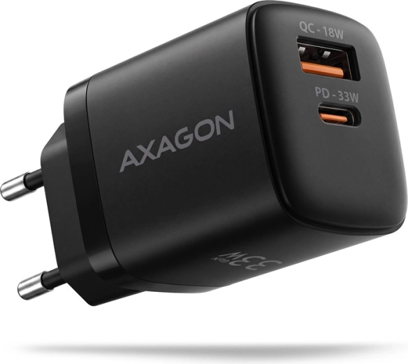 AXAGON GaN-netoplader 33 W med 2 USB-C- og USB-A-porte, sort