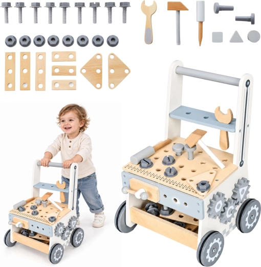 ECOTOYS træarbejdsbænk til børn med gåvogn og værktøj
