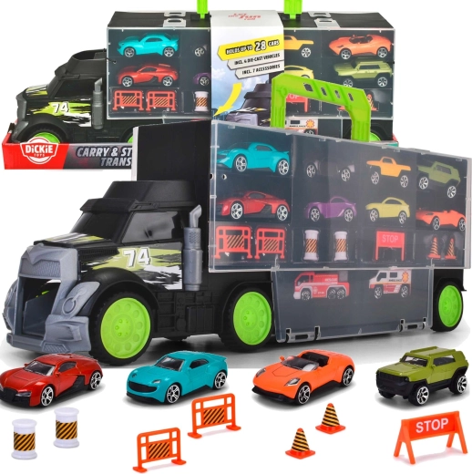 Dickie Toys biltransportør og kuffert med legetøjsbiler og trafikudstyr
