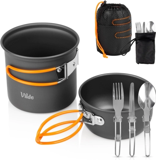 Vilde turistisk camping-sæt med kogegrej og bestik 800/450 ml (6 dele)