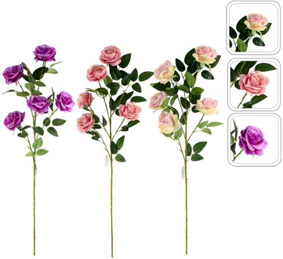 Kunstig rosengren med fem blomster 92 cm, mix af farver