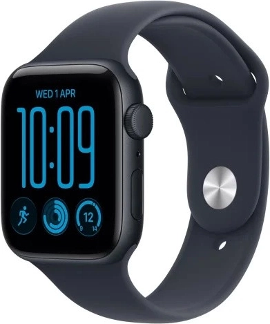 Apple Watch SE 3 GPS 44 mm i aluminium i farven Midnight med mørkeblåt sportsarmbånd S/M