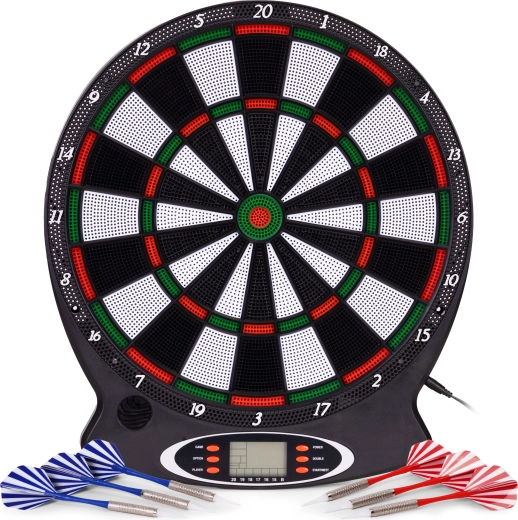 Elektronisk dartskive med LCD, 38 cm, 18 spil, sæt med 6 pile