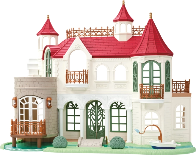 Sylvanian Families villa med rødt tag ved floden