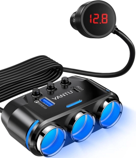 Yantu-biladapter til cigarettænder med 3 stik, USB og USB-C