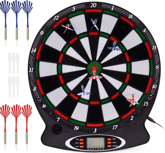 Elektronisk dartskive med LCD-display, 38 cm, 18 spil og 6 pile