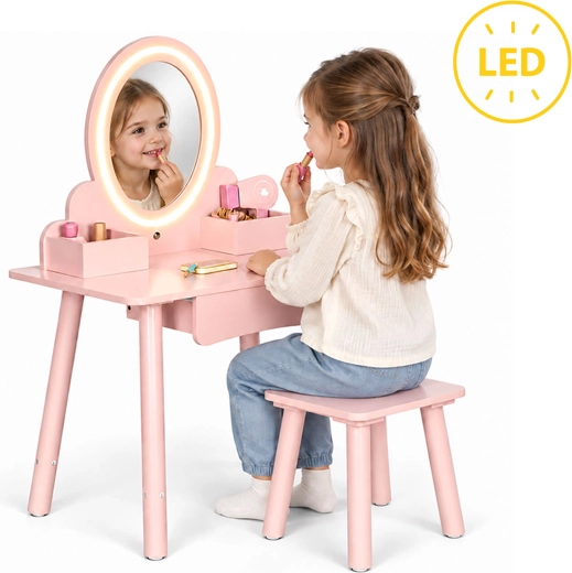 Børnetoiletbord i træ fra ECOTOYS med LED-spejl, skammel og tilbehør