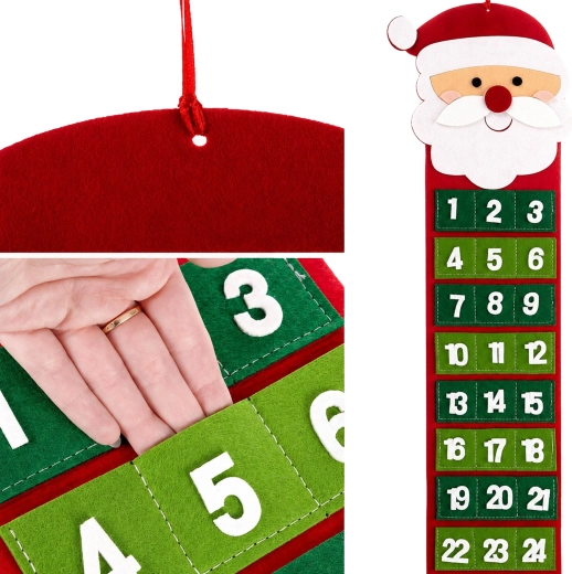 Hængende adventskalender i filt med julemanden og 24 lommer, 65 cm