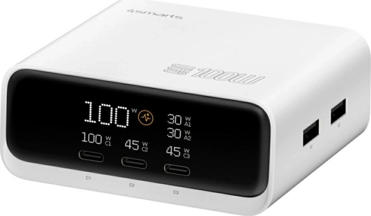 Bordoplader 4smarts GaN 100 W med display, 3× USB‑C + 2× USB‑A, hvid
