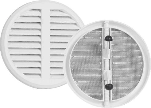 Justerbart ventilationsgitter med net og dæksel, plast, hvid, diameter 125–160 mm