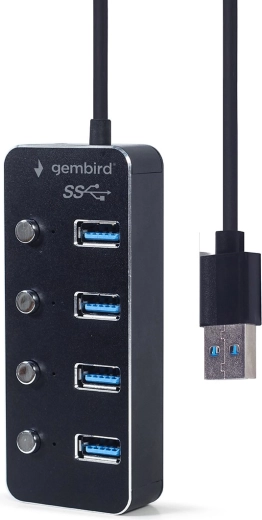 USB 3.1 Gen 1 hub 4 porte med kontakter, sort