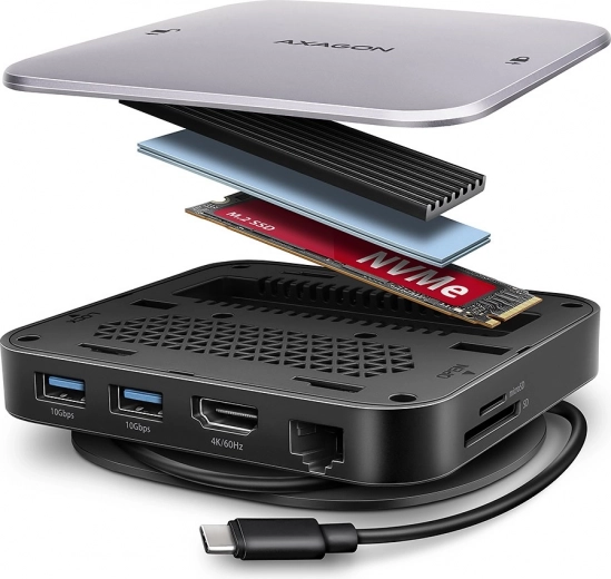 AXAGON multiport USB‑C hub 9‑i‑1 med M.2 NVMe/SATA, HDMI 4K/60 Hz, PD 100 W, GLAN og kortlæser