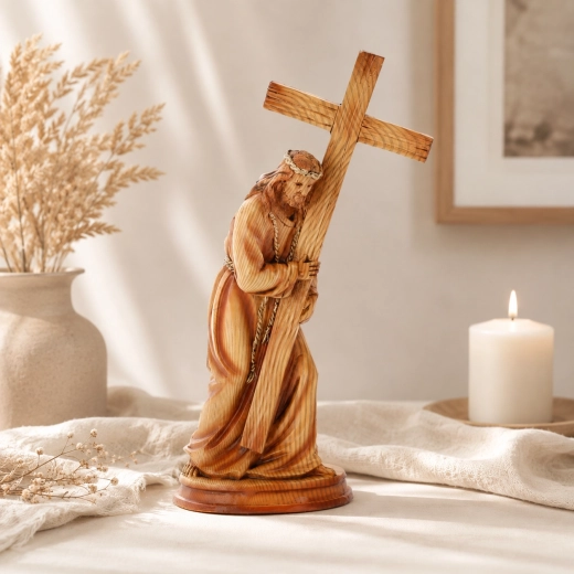 Figur af Jesus, der bærer korset, fremstillet af polyresin, 31,5 cm
