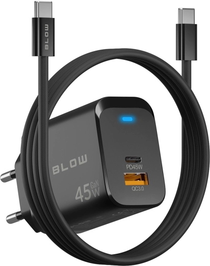 BLOW GaN vægoplader 45 W (USB-C PD + USB-A QC 3.0) med USB-C–USB-C-kabel