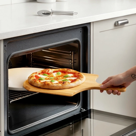 Sikker flytning af pizza med bambusskovl