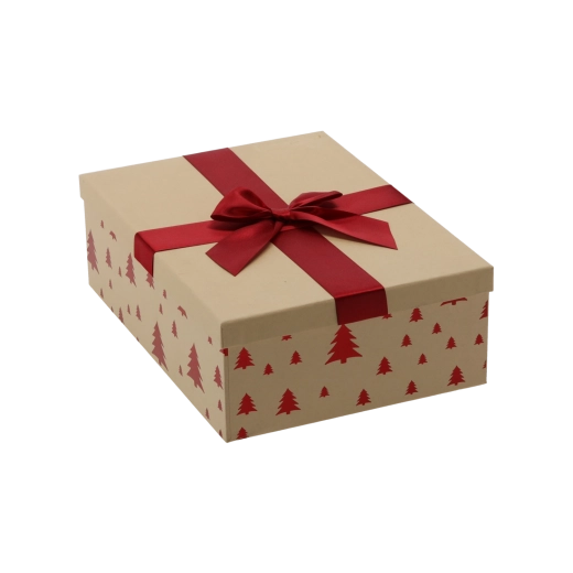 Julegaveæske brun med bordeaux sløjfe 26,5 × 18 × 7 cm