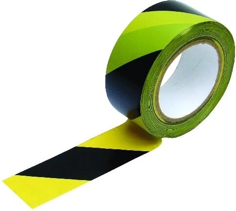 Selvklæbende advarselsbånd gul-sort, skrå striber til venstre 48 mm × 33 m
