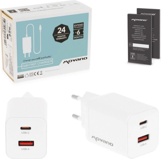 Movano GaN 45 W oplader USB‑C PD + USB‑A hvid