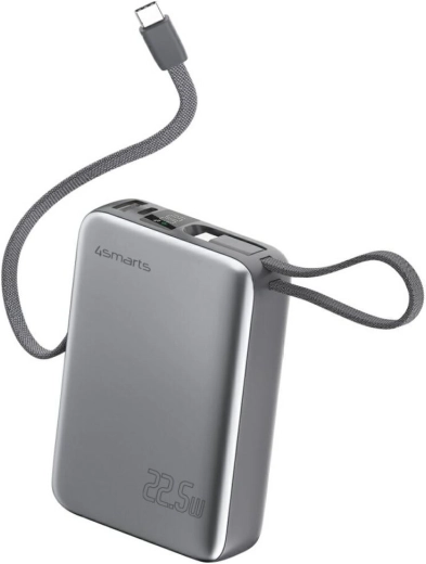 Powerbank 4smarts Pocket Dual Cord 20000 mAh, 22,5 W, med indbygget USB‑C‑kabel 15 cm, grå
